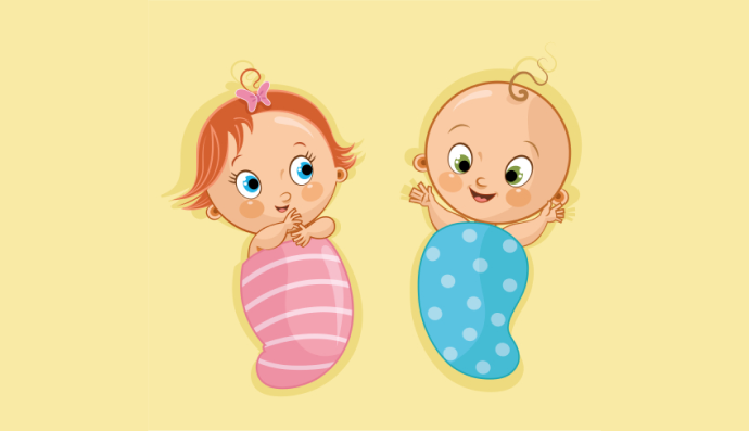 A cartoon of 2 newborn infants wrapped in blankets.