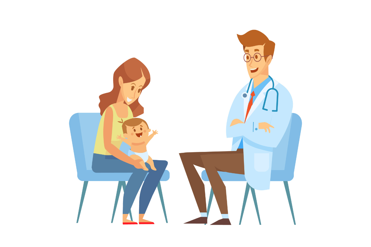 A mother with her child at the pediatrician for a developmental checkup in Texas.