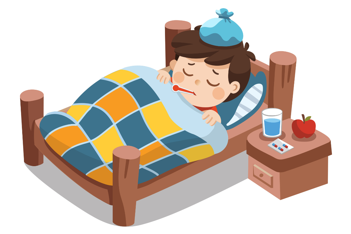 A child sick in bed with a fever caused by mononucleosis in Houston, Texas.