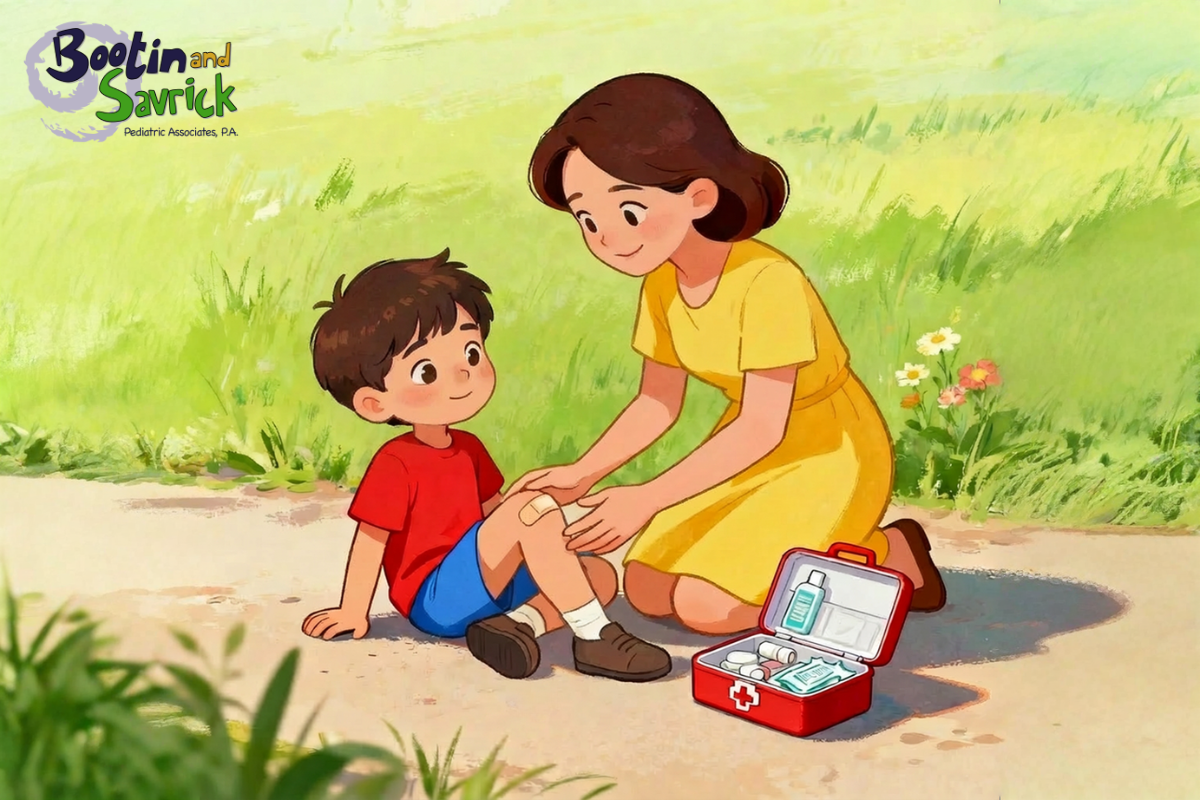 A mother with a first aid kit caring for her son’s knee injury in Texas.