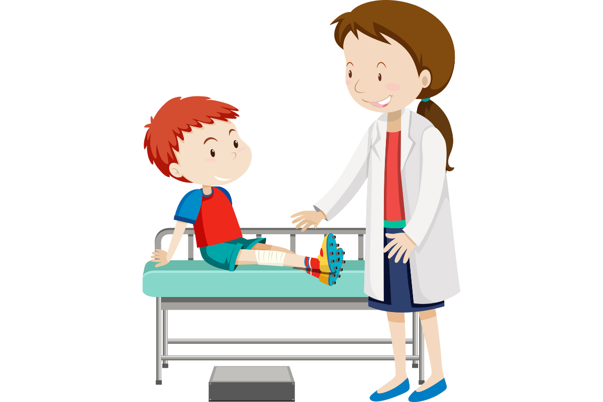 A young boy with an injured leg that made him limp is at the doctor for treatment in Houston, Texas.