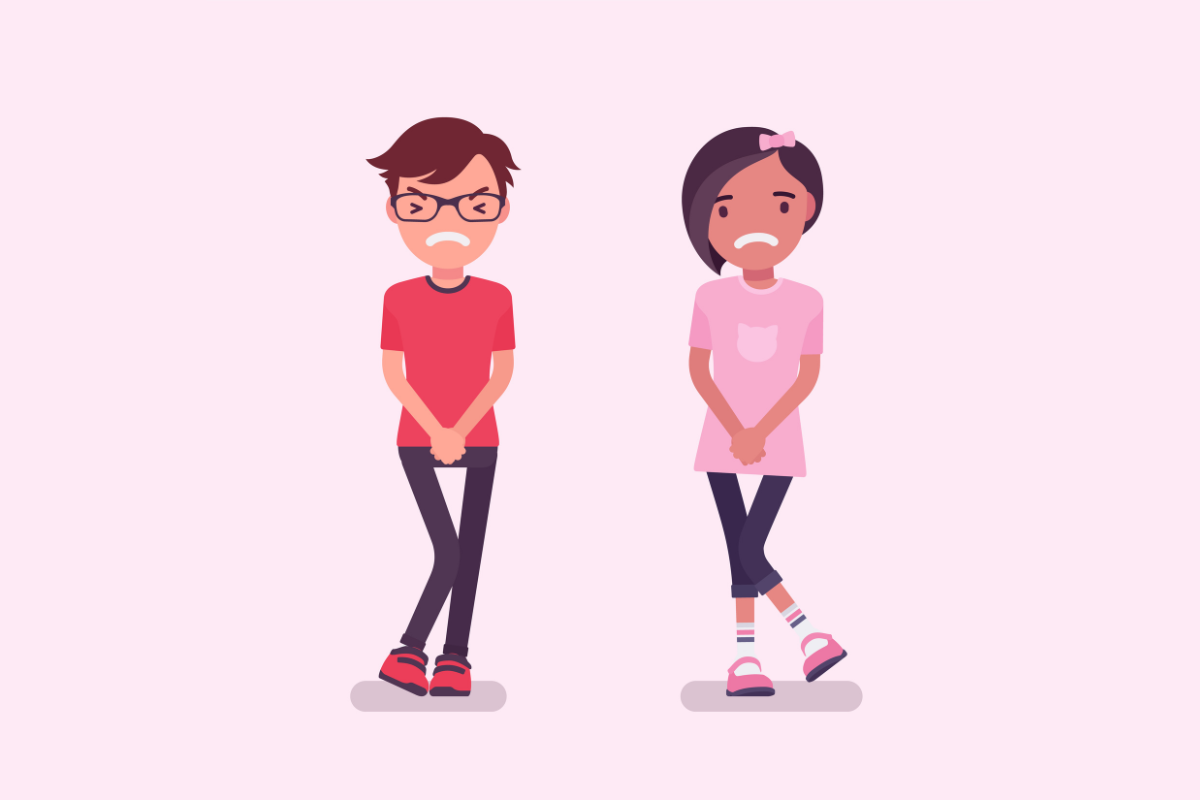 A boy and girl with their legs crossed feeling discomfort caused by a urinary tract infection in Houston, Texas.