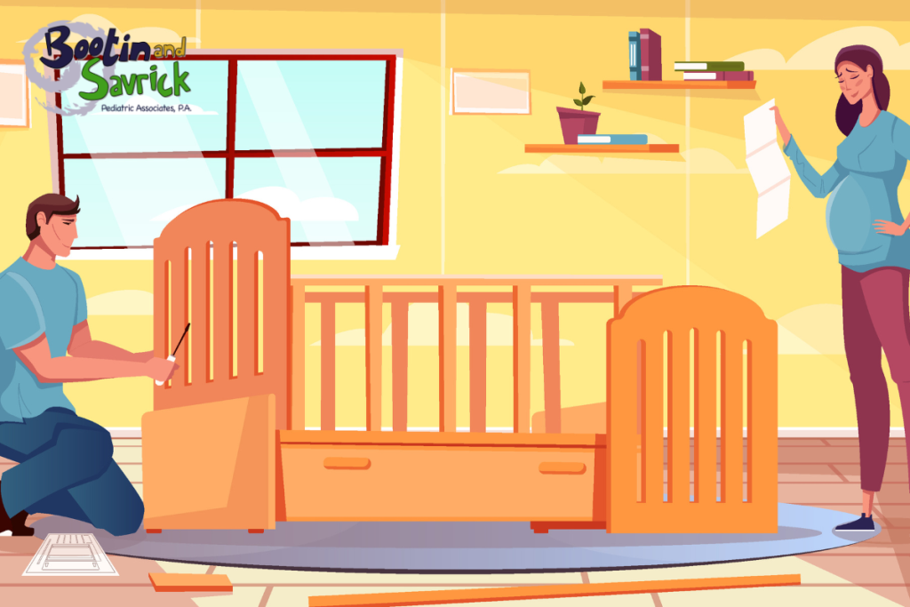 A couple setting up a crib and baby-proofing their home before their child is born in Houston, Texas.